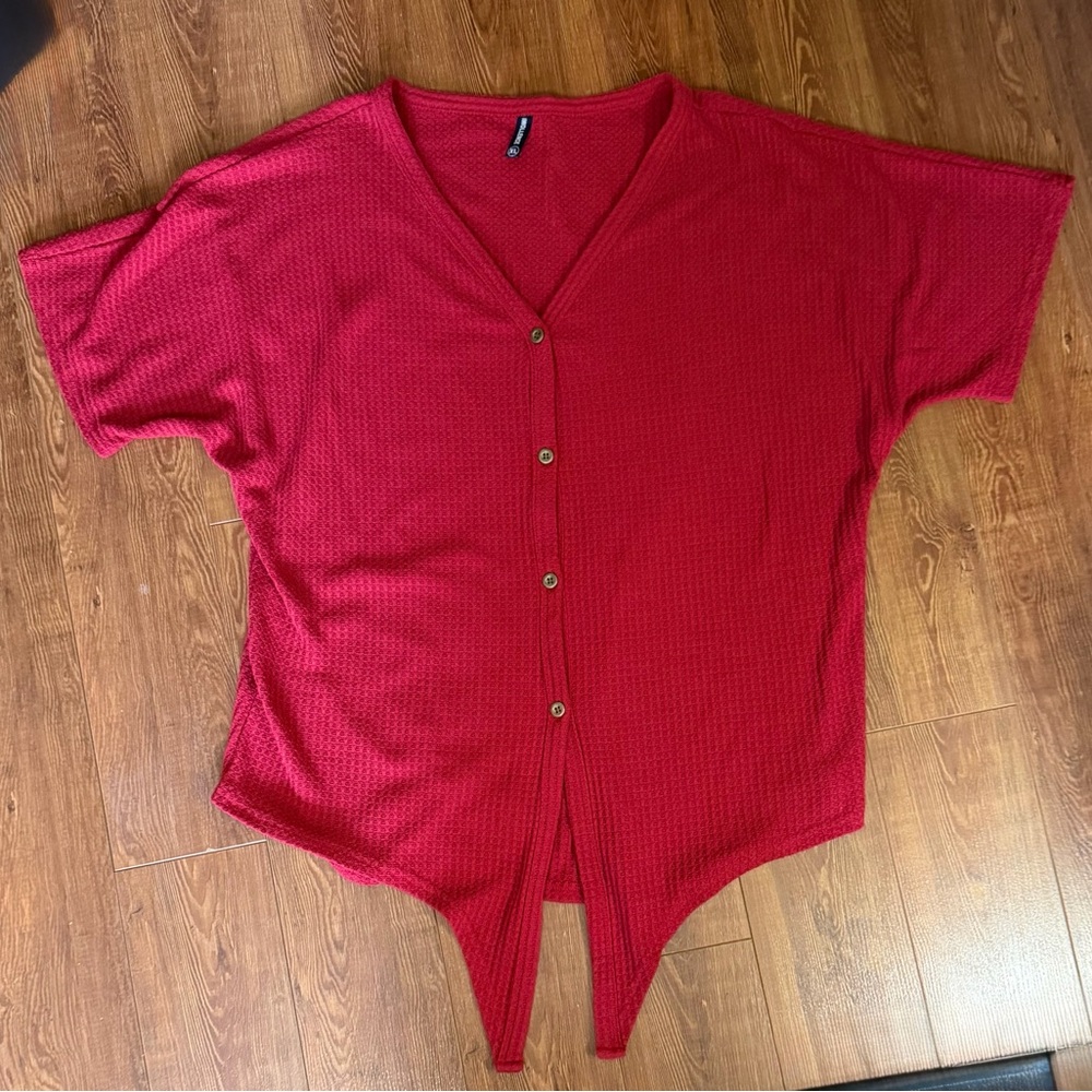 Women’s Red Button-Up V-Neck Top by IWOLLENCE - Size XL - Ties in Front